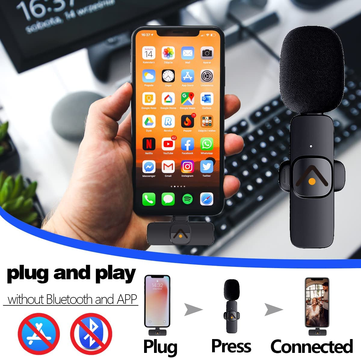 Mini Collar Lavalier Microphone, Plug and Play, Compatible with Ios/Android Devices, No App or Bluetooth Required, Intelligent Noise Reduction, Long Battery Life, 360 Omnidirectional